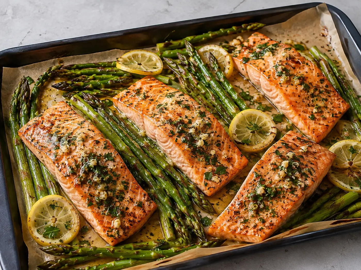 Knoblauch-Butter-Lachs vom Blech mit grünem Spargel