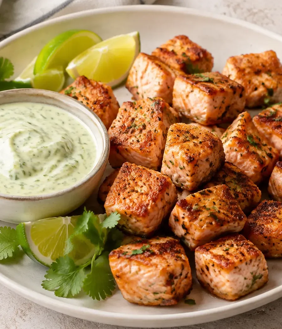 Knusprige Lachs-Bites mit cremiger Limetten-Mayo und Limettenspalten
