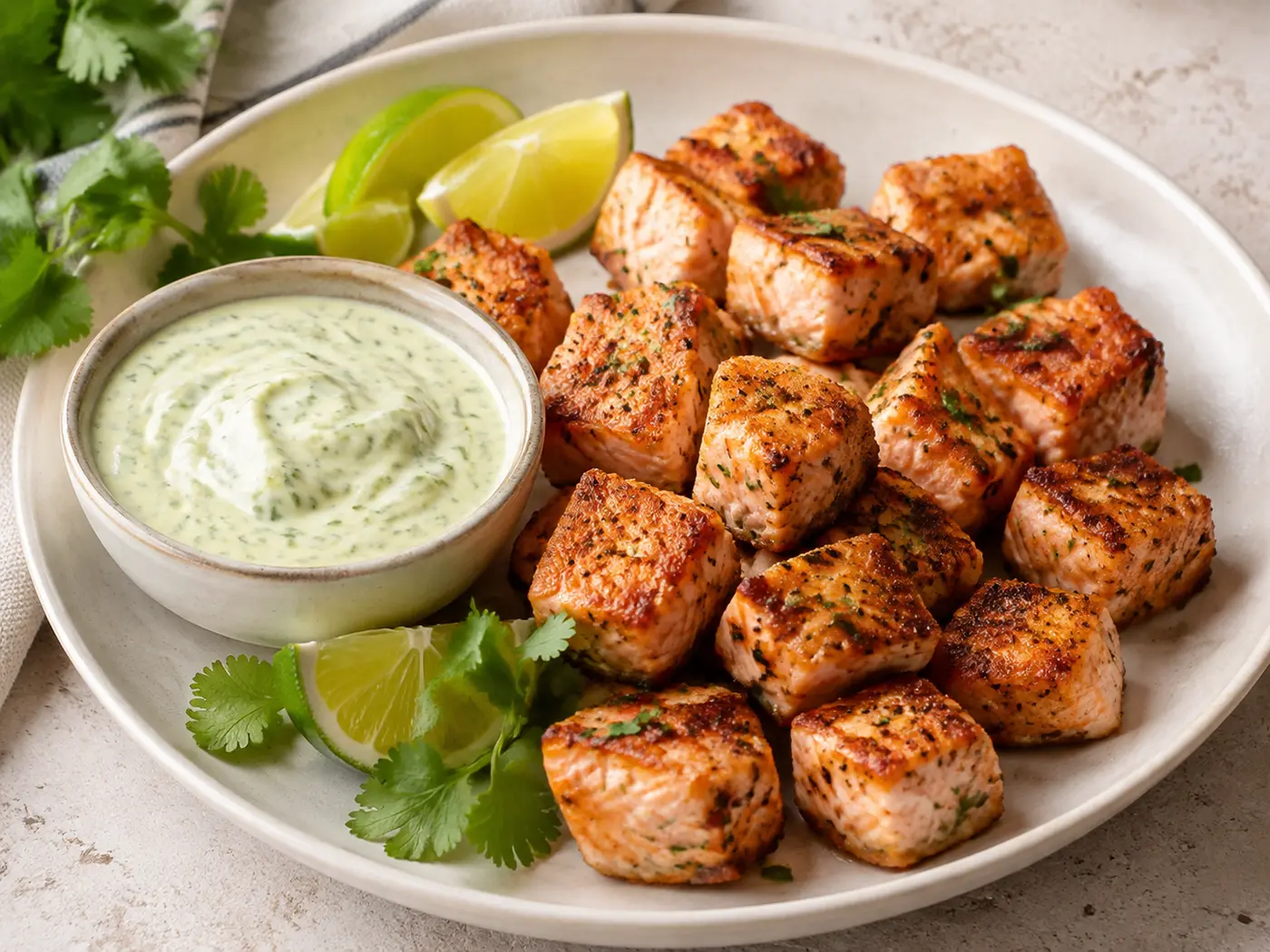 Knusprige Lachs-Bites mit cremiger Limetten-Mayo und Limettenspalten