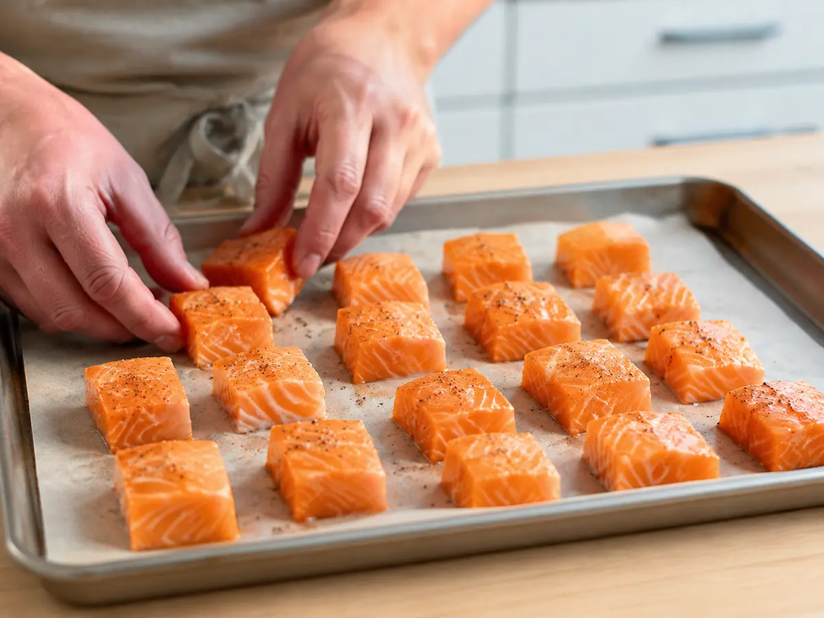 Gewürzte Lachswürfel werden auf einem Backblech verteilt