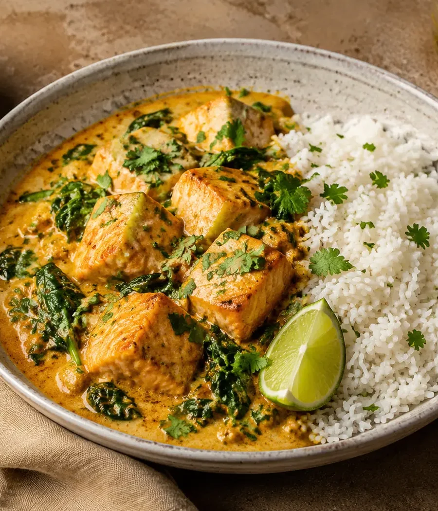 Cremiges Lachs-Curry mit Kokosmilch und Babyspinat