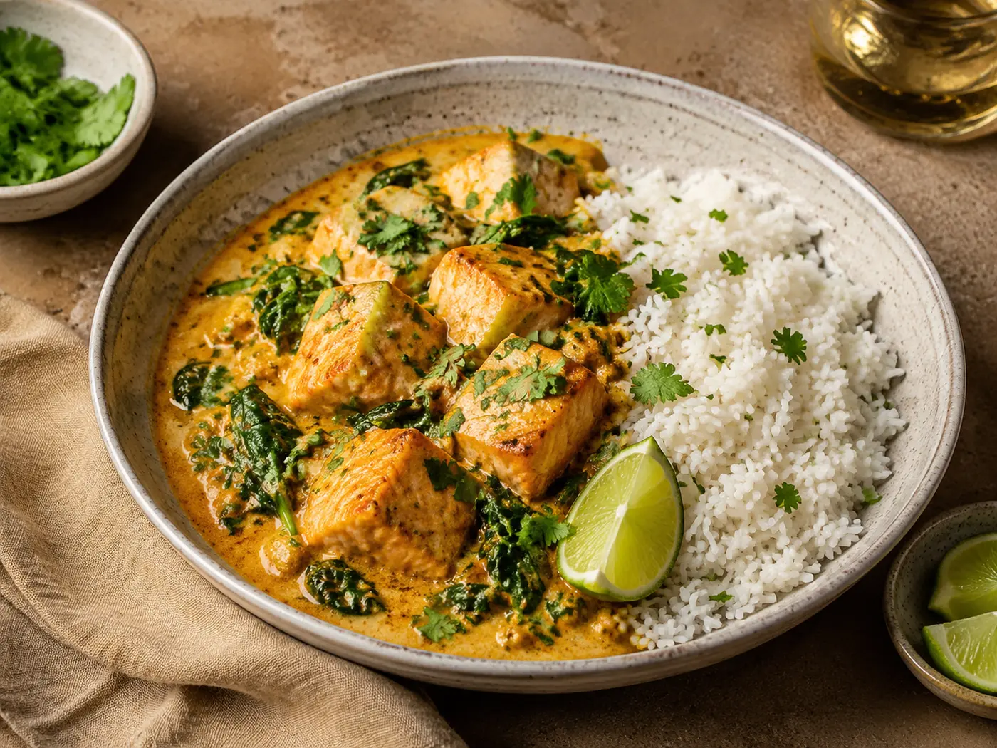 Cremiges Lachs-Curry mit Kokosmilch und Babyspinat