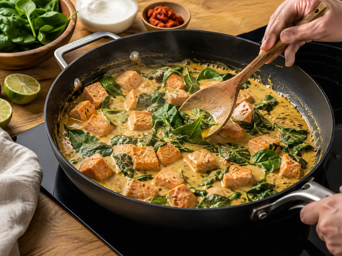 Lachswürfel und Babyspinat garen in cremiger Kokos-Currysauce