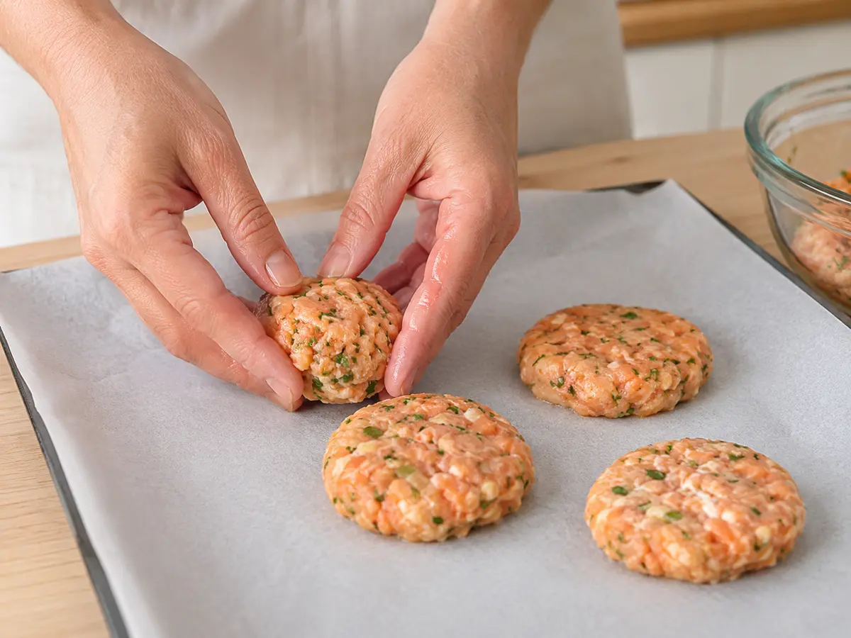 Lachs-Frikadellen werden für die Zubereitung geformt