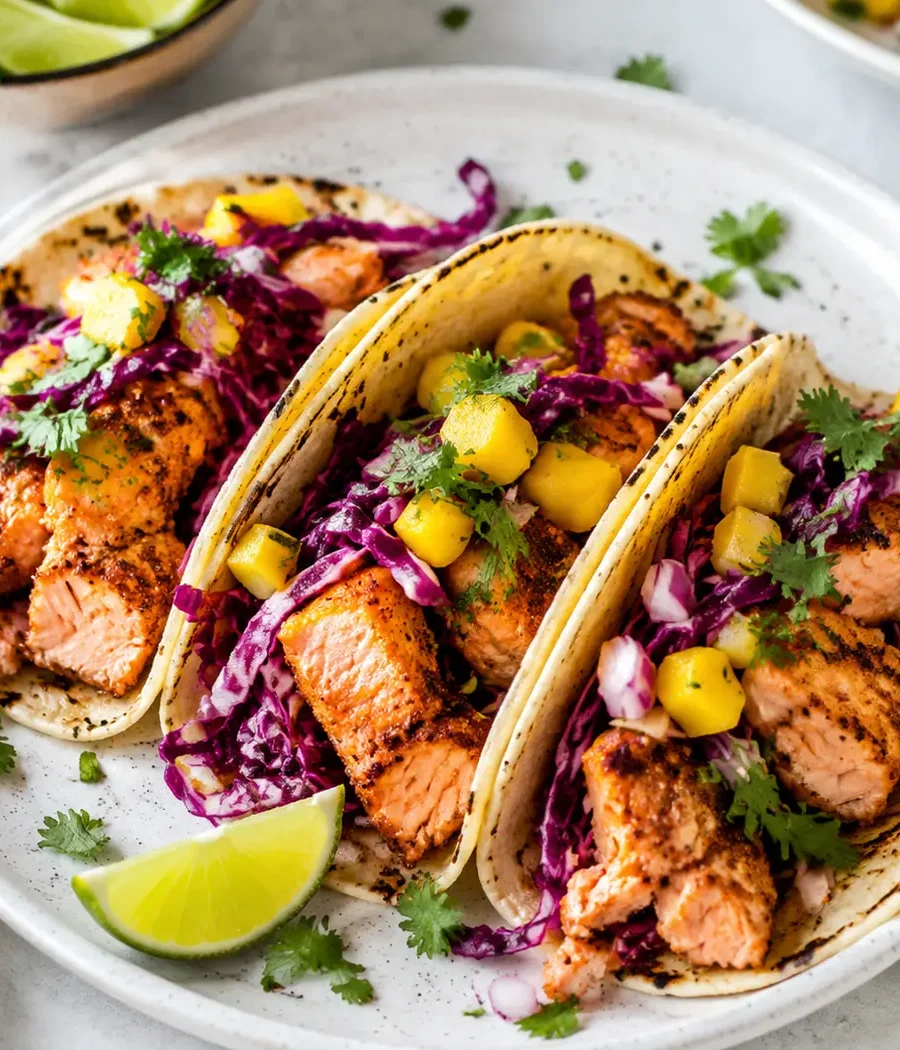 Würzige Lachs-Tacos mit Mango-Rotkohl-Slaw