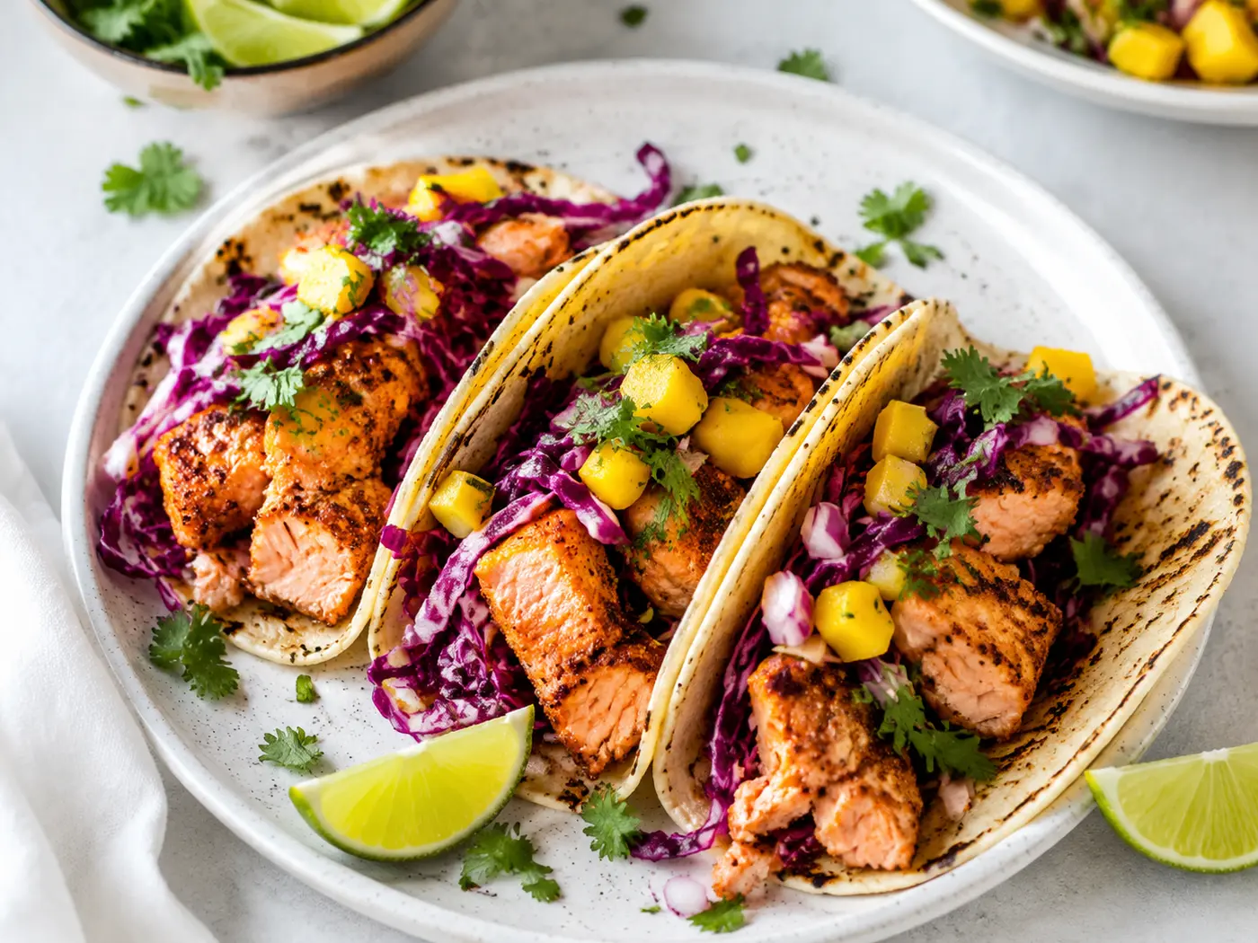 Würzige Lachs-Tacos mit Mango-Rotkohl-Slaw
