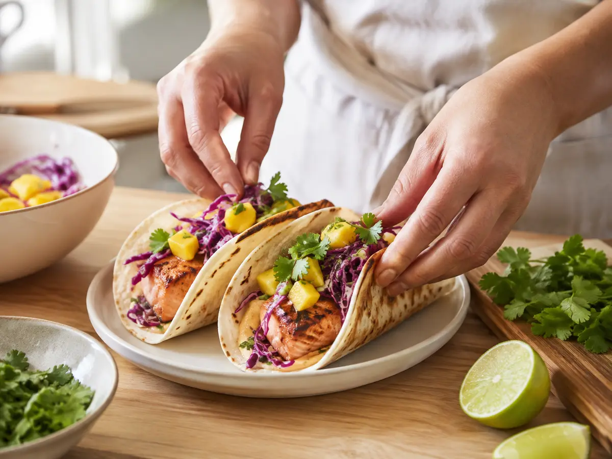 Lachs-Tacos werden mit Mango-Rotkohl-Slaw gefüllt