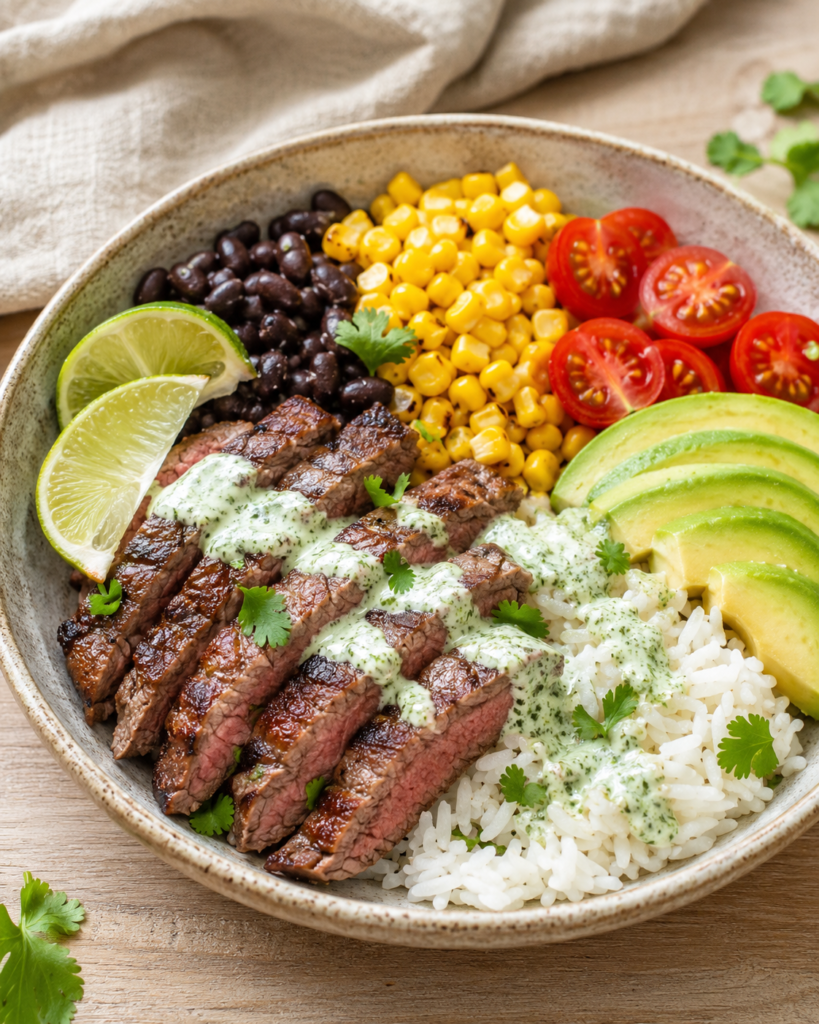 Limetten-Steak-Reis-Bowl mit Kräutersauce fertig angerichtet