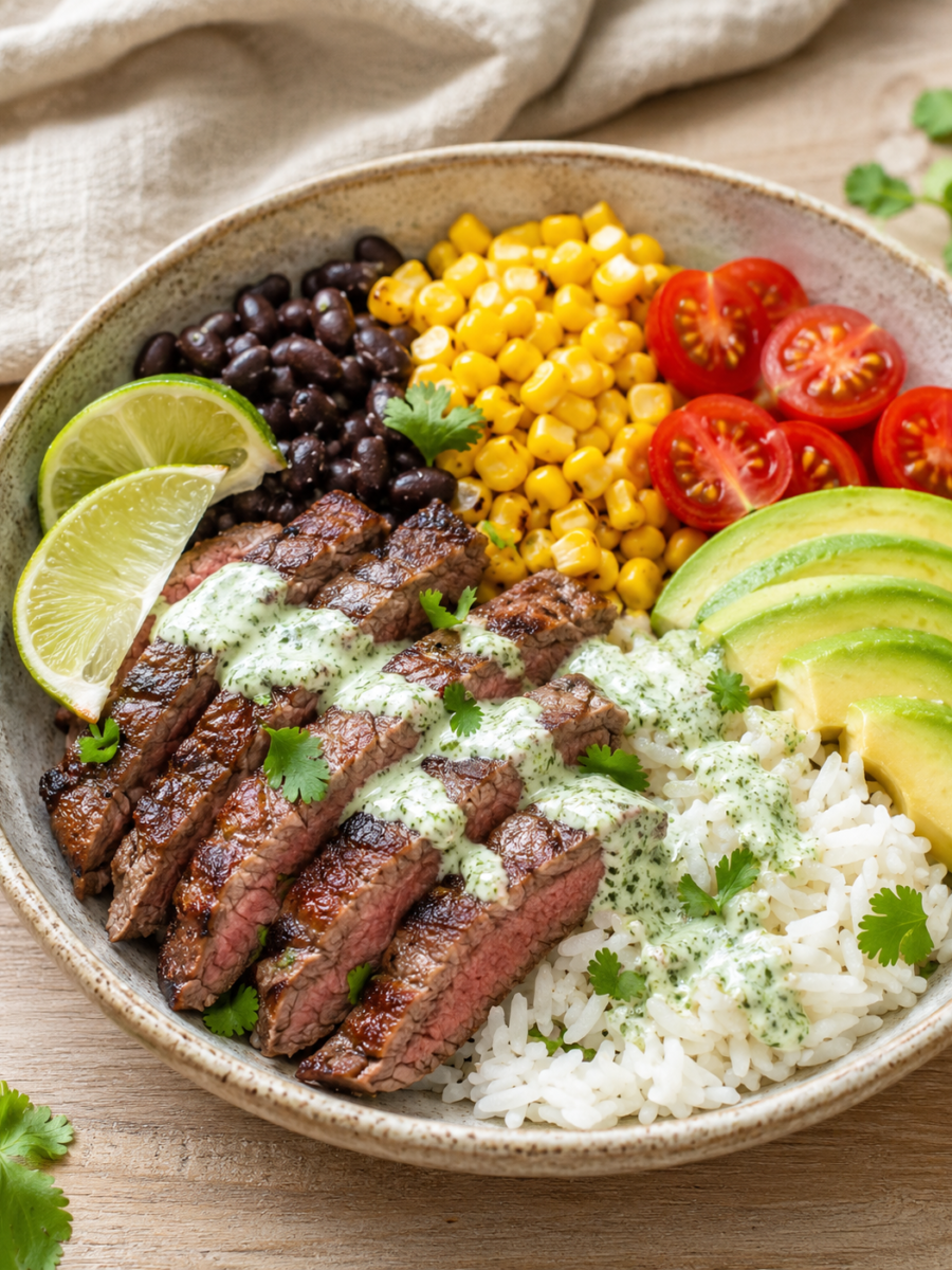 Limetten-Steak-Reis-Bowl mit Kräutersauce