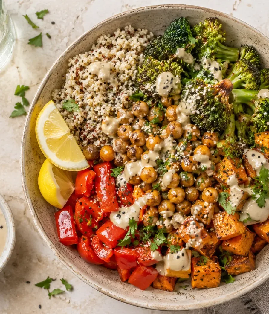 Ofen-Gemüse-Bowl mit Kichererbsen und Tahini-Dressing
