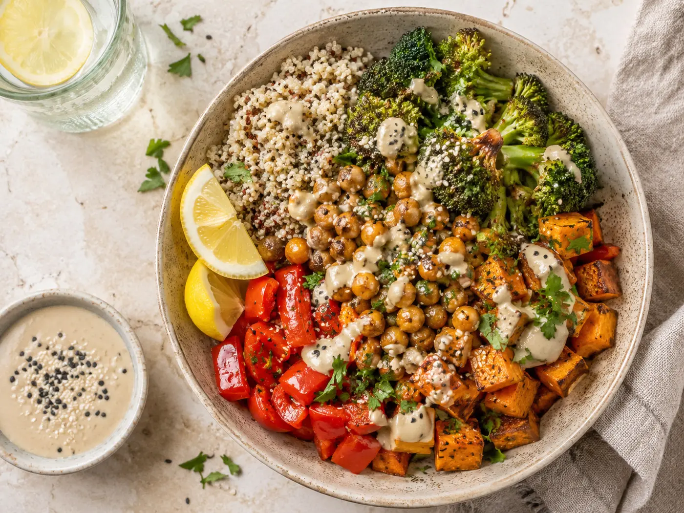 Ofen-Gemüse-Bowl mit Kichererbsen und Tahini-Dressing