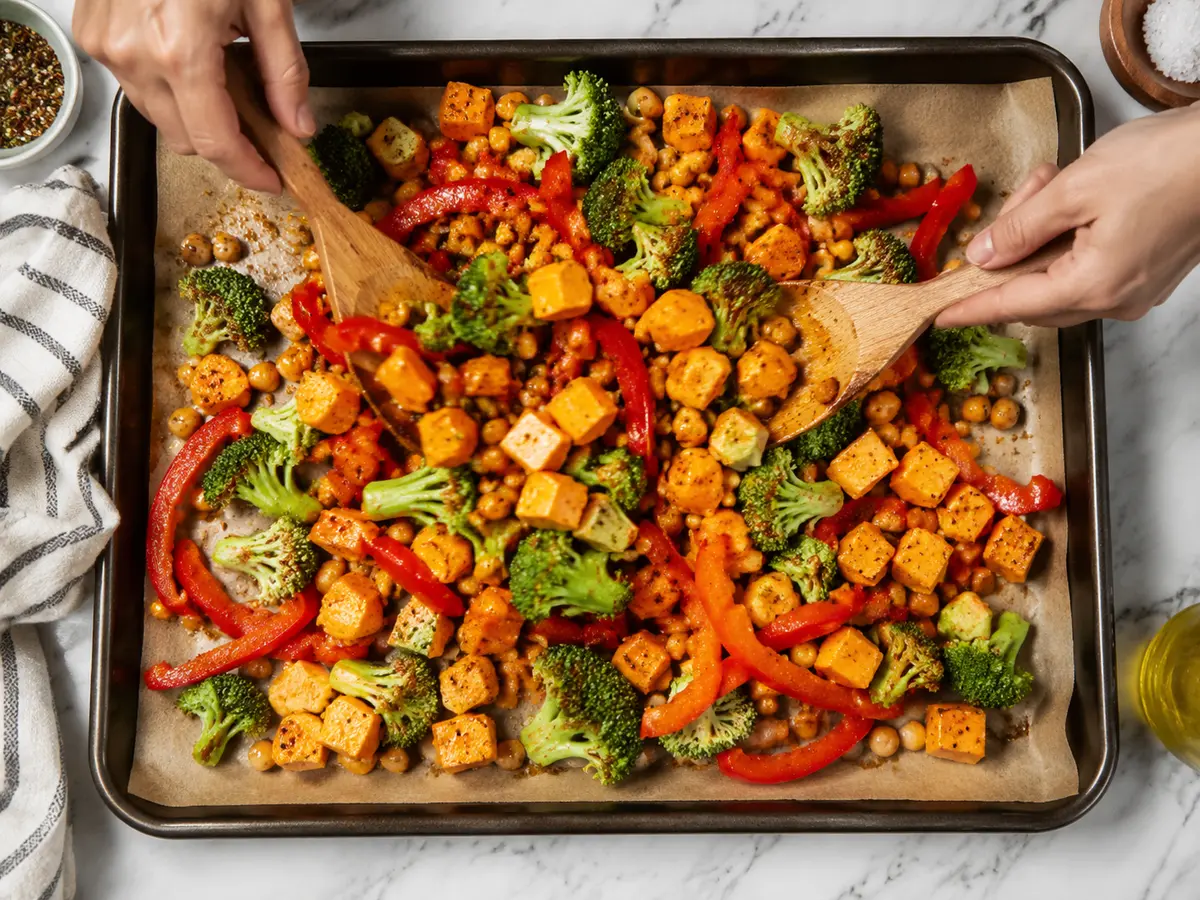 Süßkartoffeln, Brokkoli, Paprika und Kichererbsen werden auf dem Blech vorbereitet