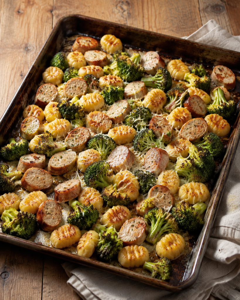 Ofen-Gnocchi mit Hähnchenbratwurst und Brokkoli fertig angerichtet