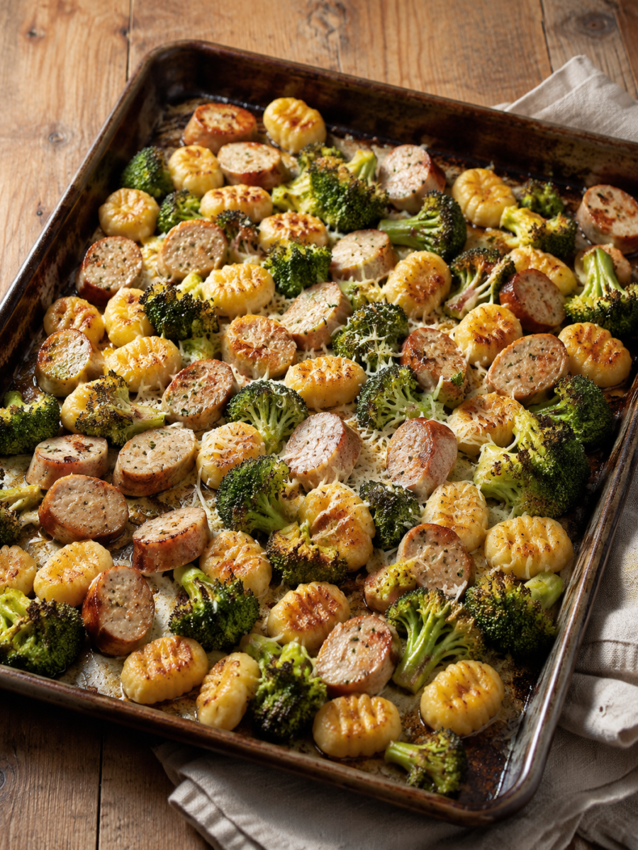 Ofen-Gnocchi mit Hähnchenbratwurst und Brokkoli