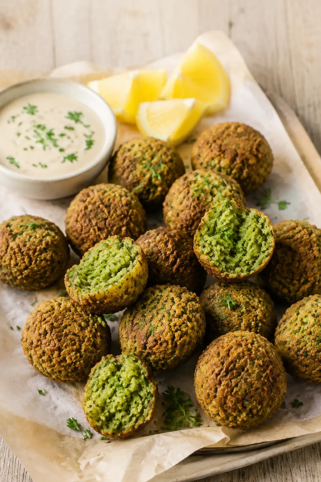 Knusprige Ofenfalafeln mit Tahini und Zitrone