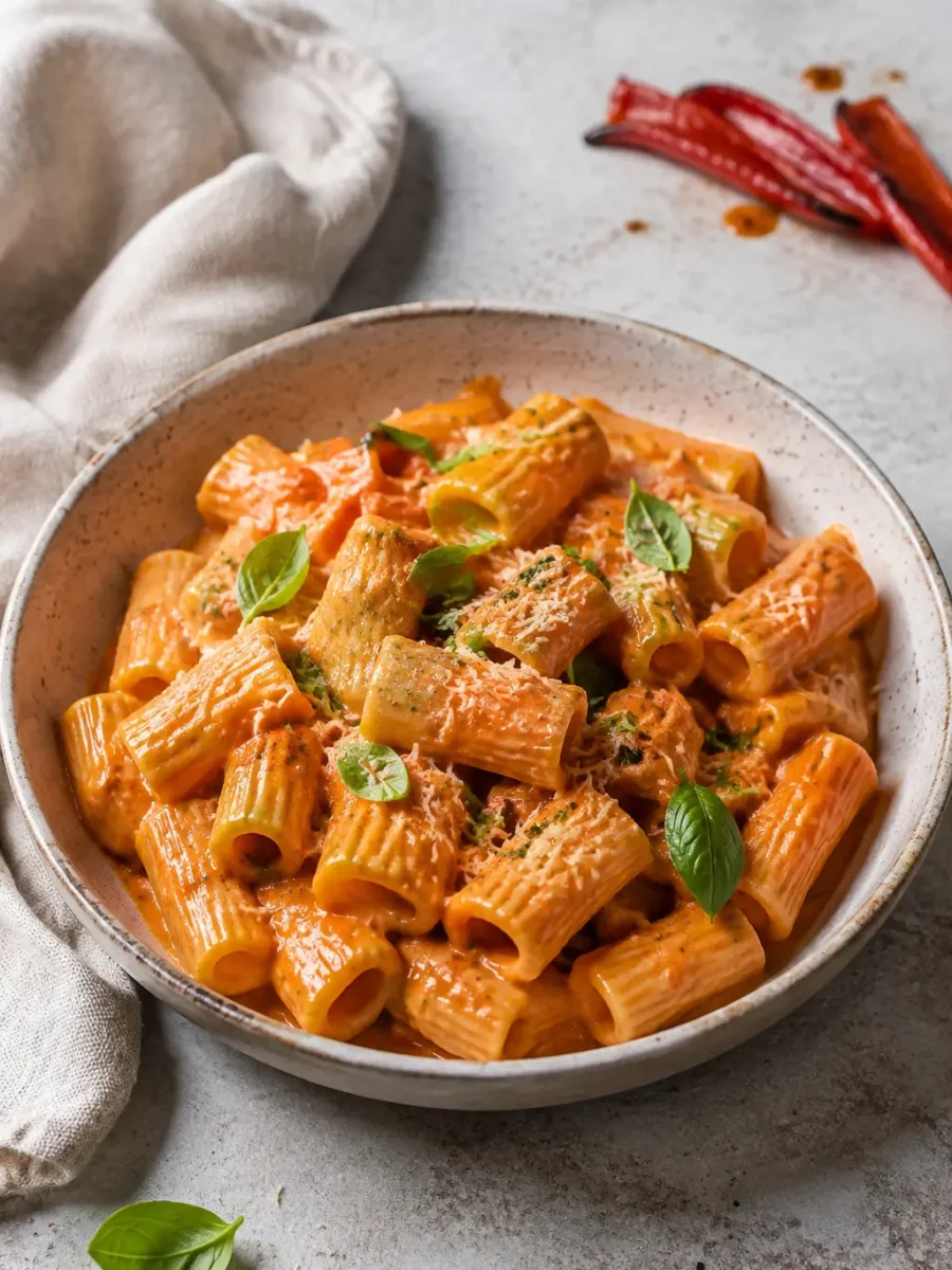 Cremige Ofenpaprika-Pasta mit Basilikum