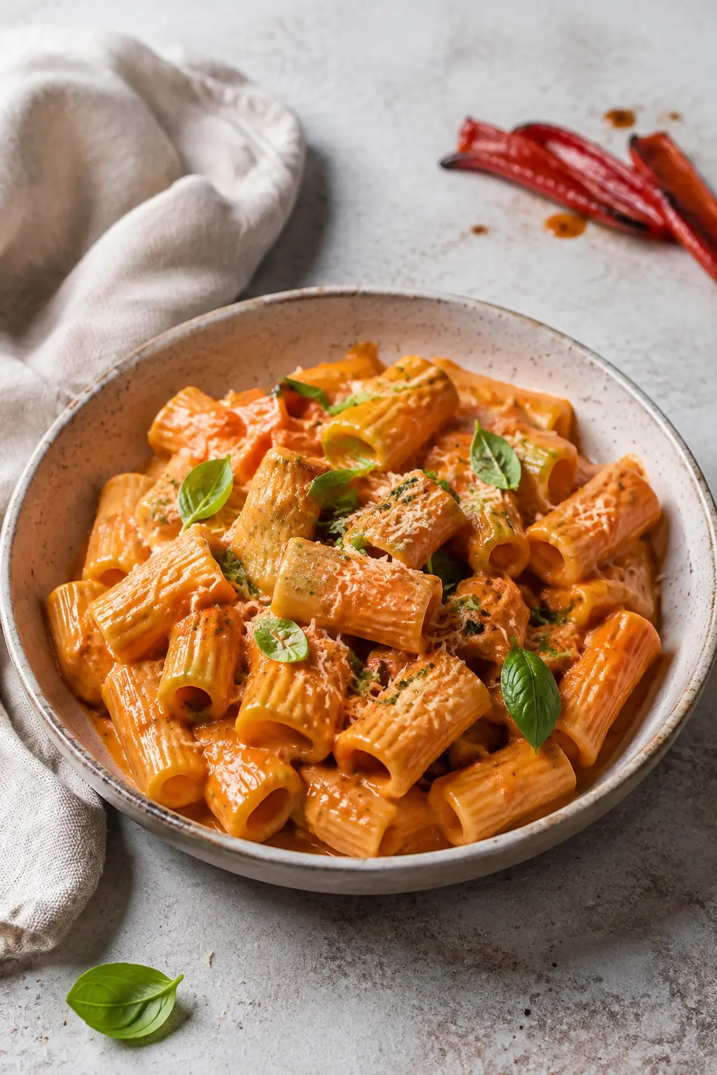Cremige Ofenpaprika-Pasta mit Basilikum