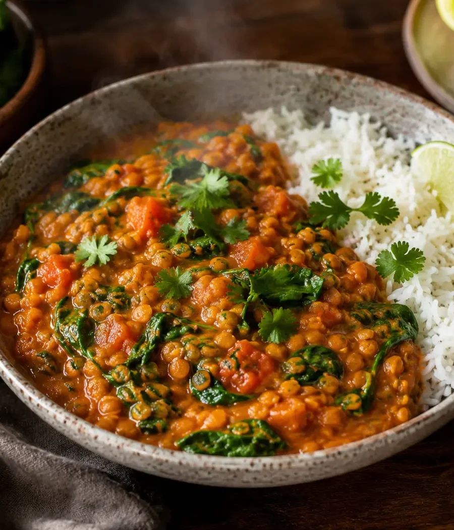 Cremiges One-Pot Linsen-Curry mit Kokosmilch, Spinat und Reis