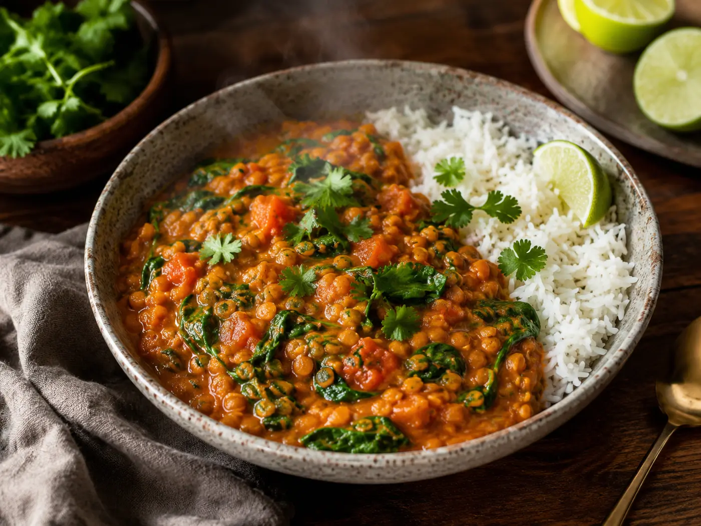 Cremiges One-Pot Linsen-Curry mit Kokosmilch, Spinat und Reis