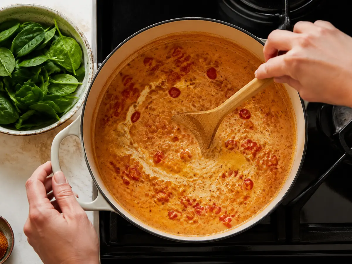 Rote Linsen, Kokosmilch und Tomaten werden im Topf verrührt