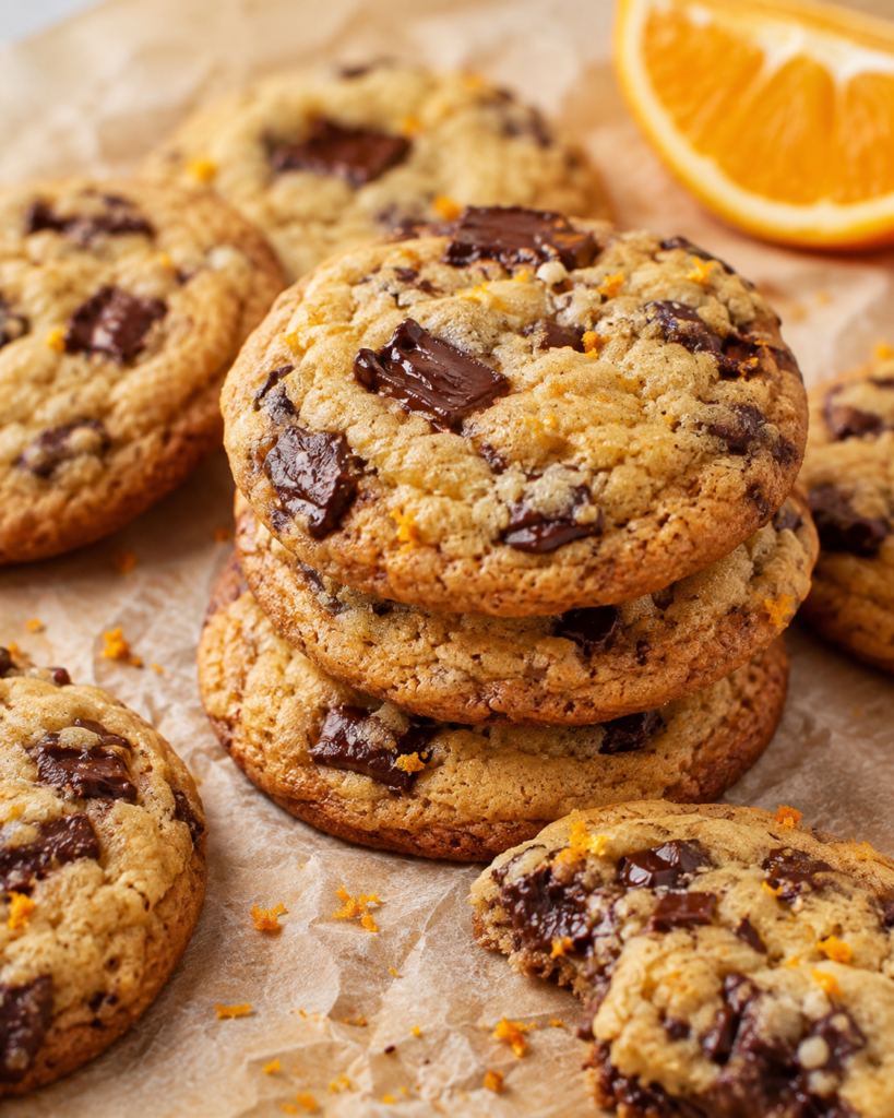 Orangen-Olivenöl-Cookies mit Schokolade fertig angerichtet