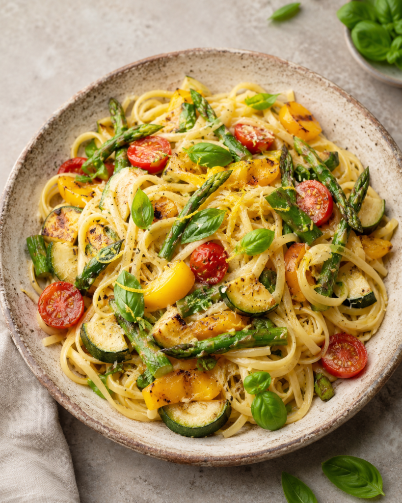Pasta Primavera mit geröstetem Gemüse fertig angerichtet