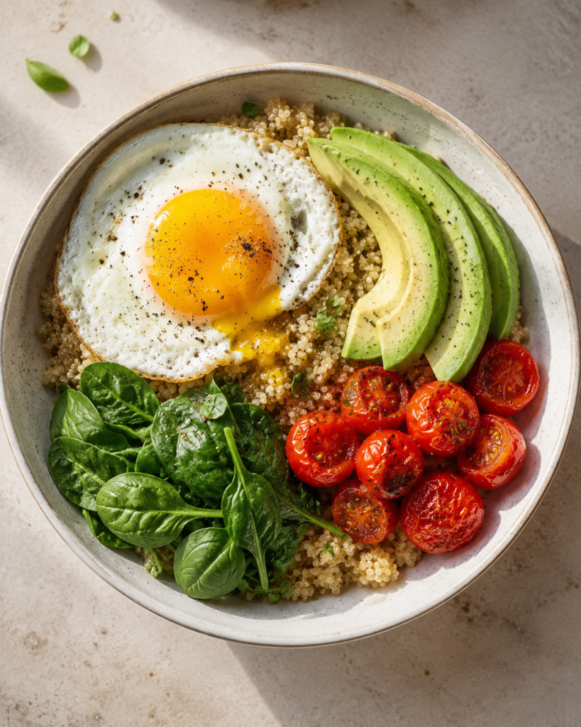 Herzhafte Quinoa-Frühstücksbowl mit Ei fertig angerichtet