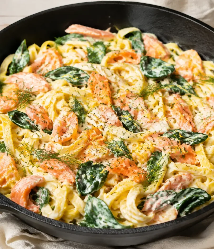 Cremige Räucherlachs-Pasta mit Spinat und Zitrone