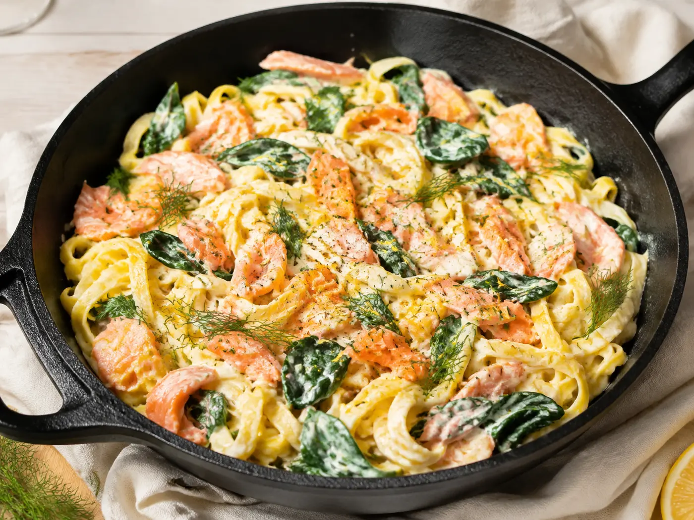 Cremige Tagliatelle mit Räucherlachs, Babyspinat, Dill und Zitrone