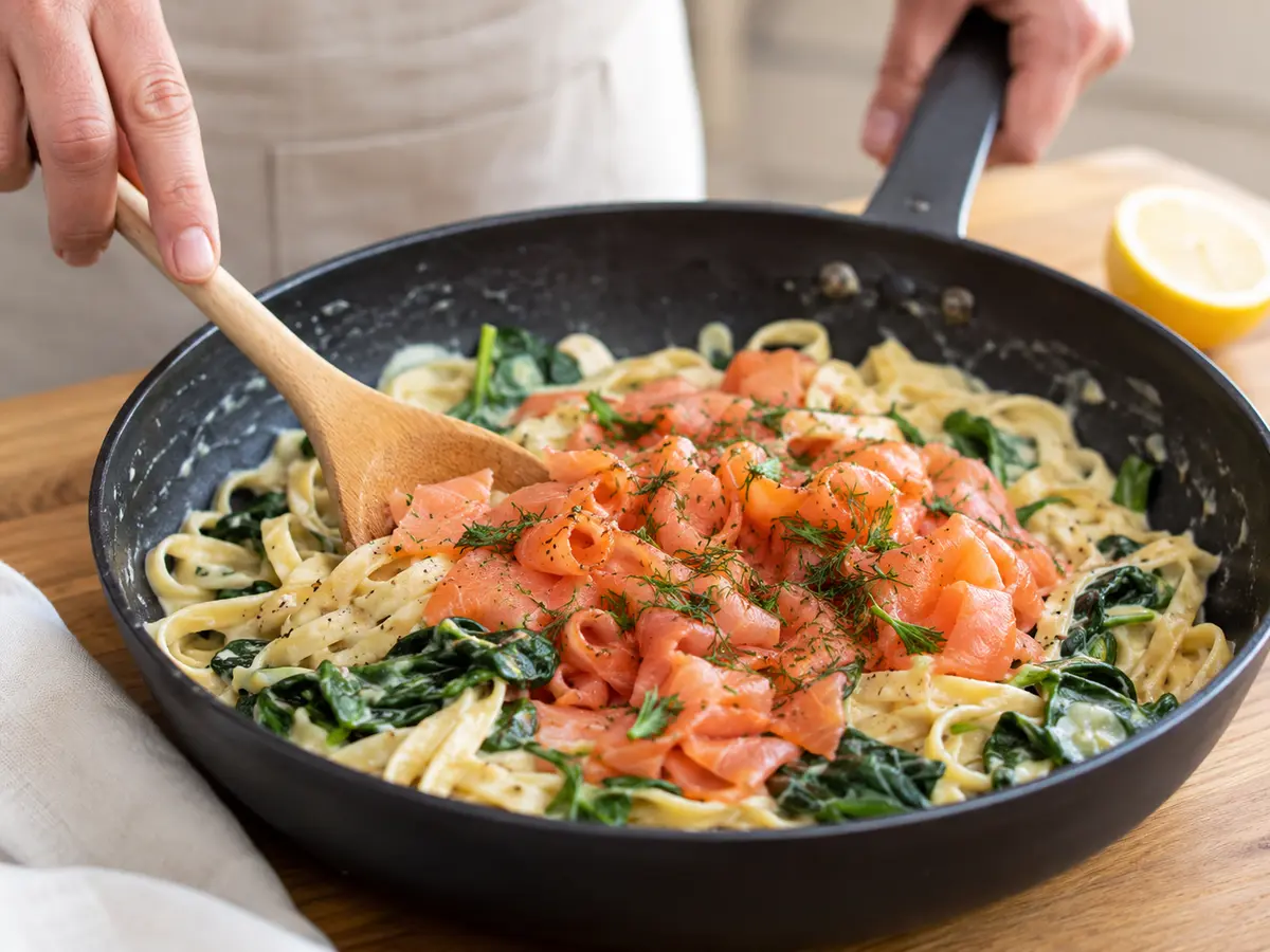 Räucherlachs und Dill werden vorsichtig unter die cremige Spinat-Pasta gehoben