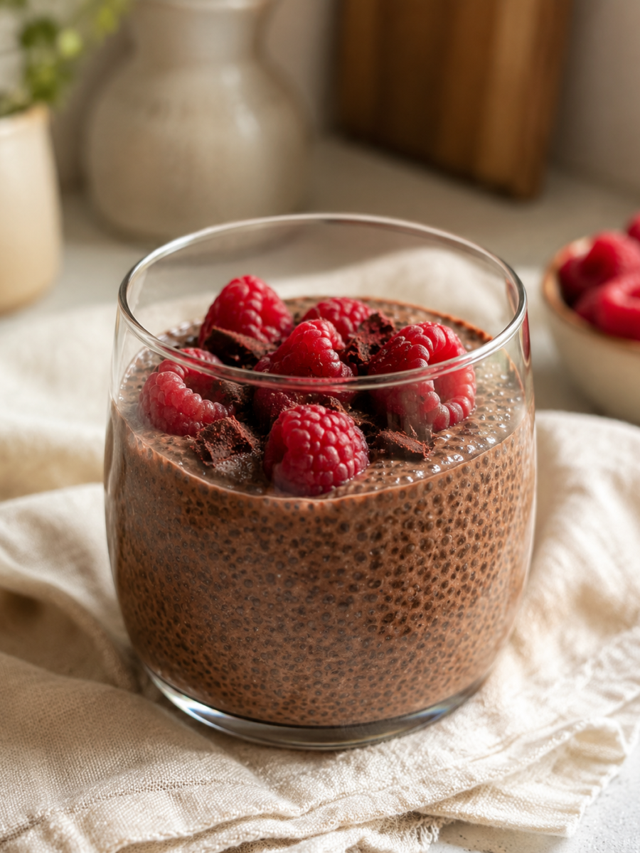 Cremiger Schoko-Chia-Pudding über Nacht fertig angerichtet