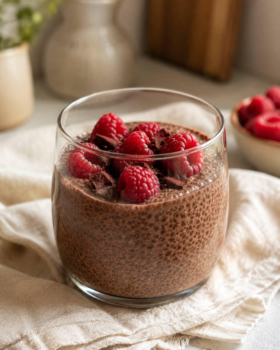 Cremiger Schoko-Chia-Pudding über Nacht fertig angerichtet