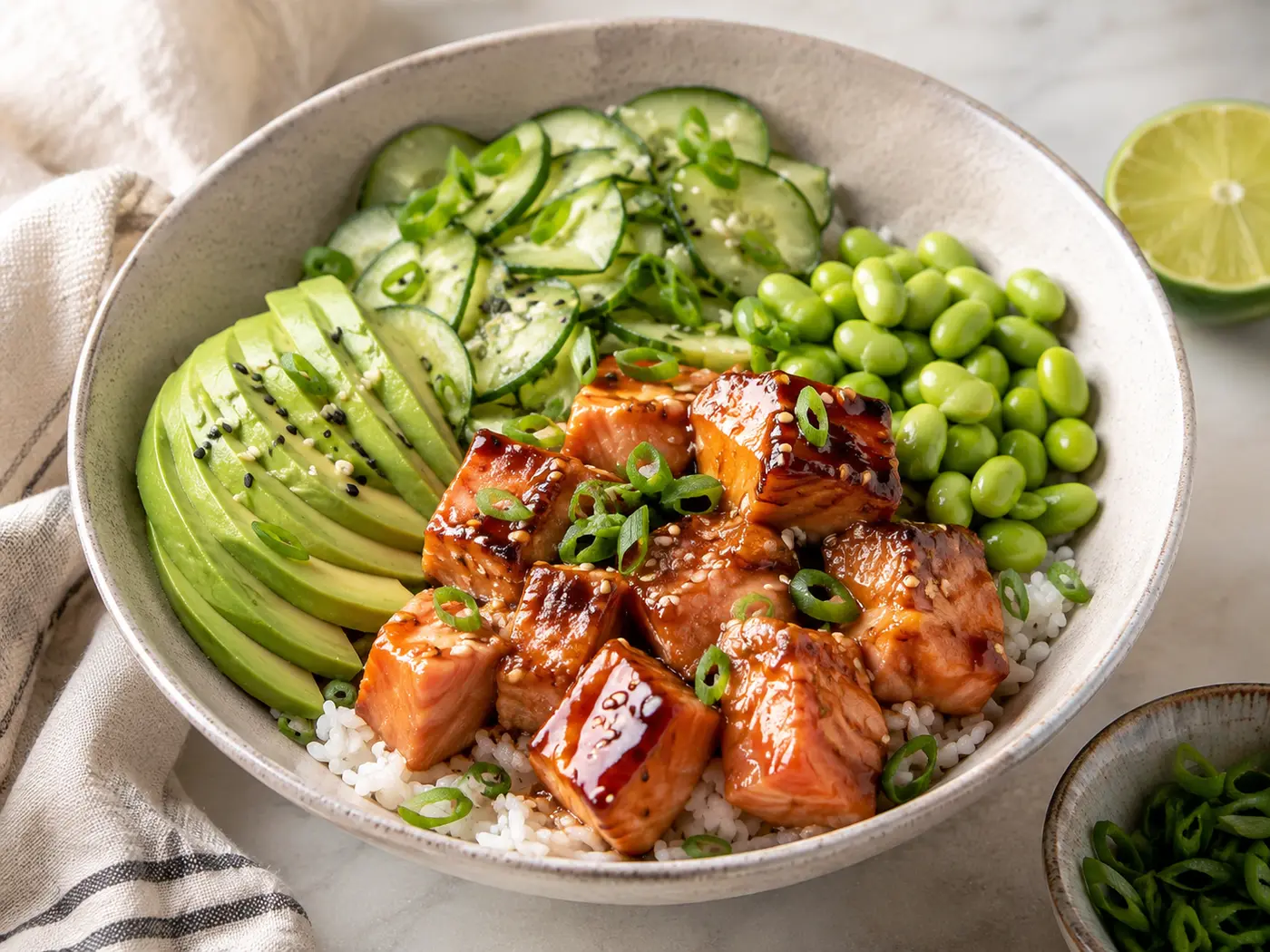 Teriyaki-Lachs-Bowl mit Reis, Avocado, Gurke und Edamame