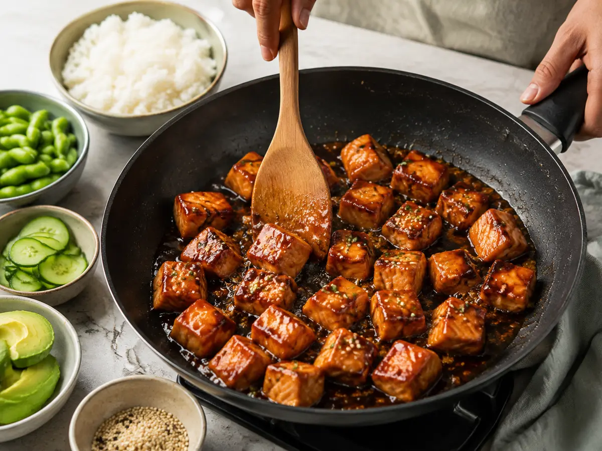 Lachswürfel werden mit Teriyaki-Sauce vermengt