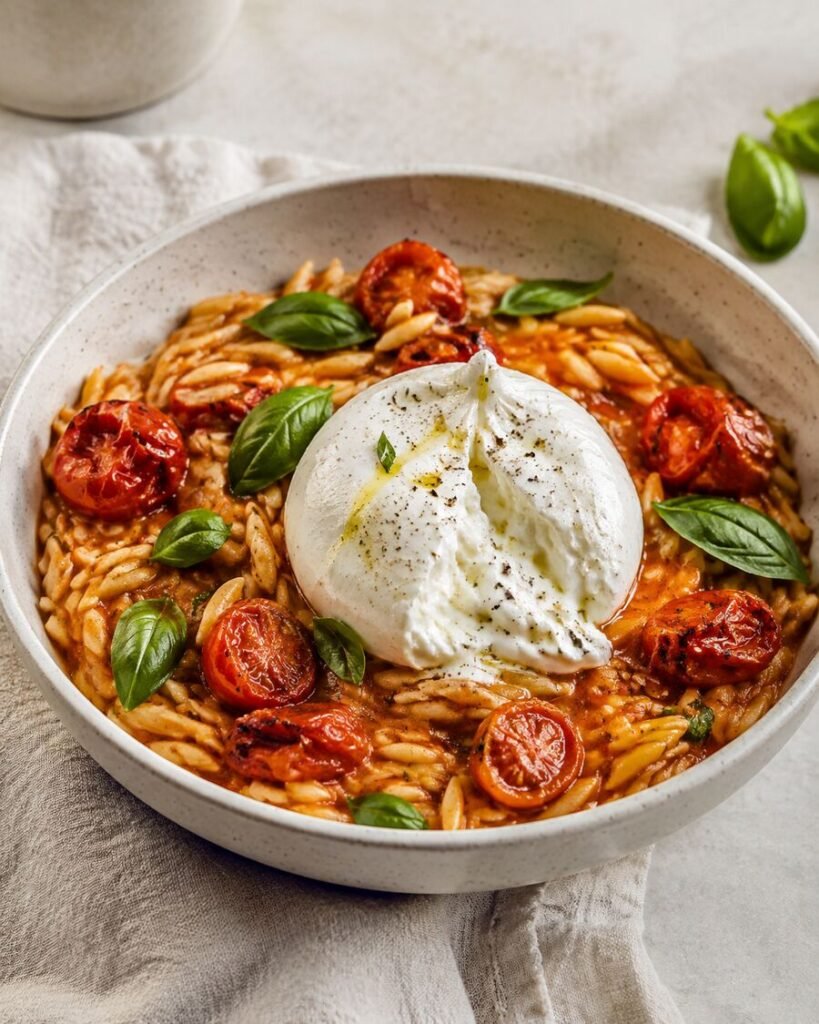 Cremige Tomaten-Orzo-Pasta mit Burrata fertig angerichtet