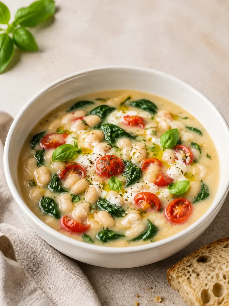 Cremige Toskanische Weißbohnensuppe mit Spinat, Tomaten und Basilikum