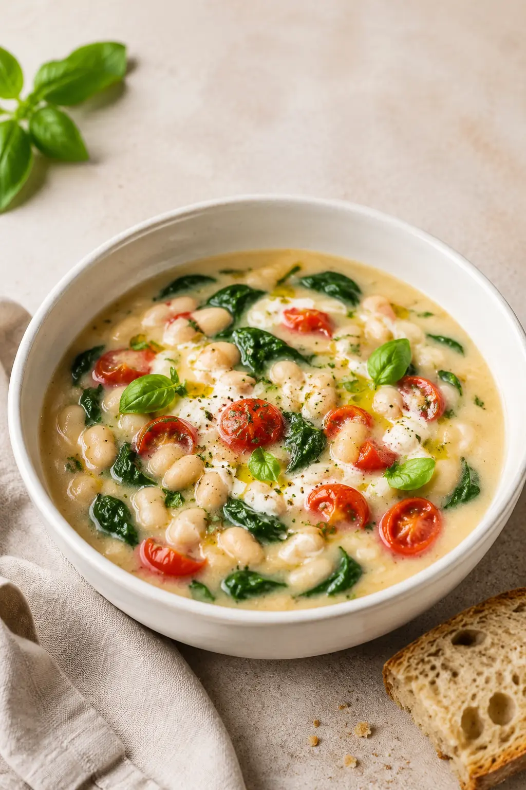 Cremige Toskanische Weißbohnensuppe mit Spinat, Tomaten und Basilikum
