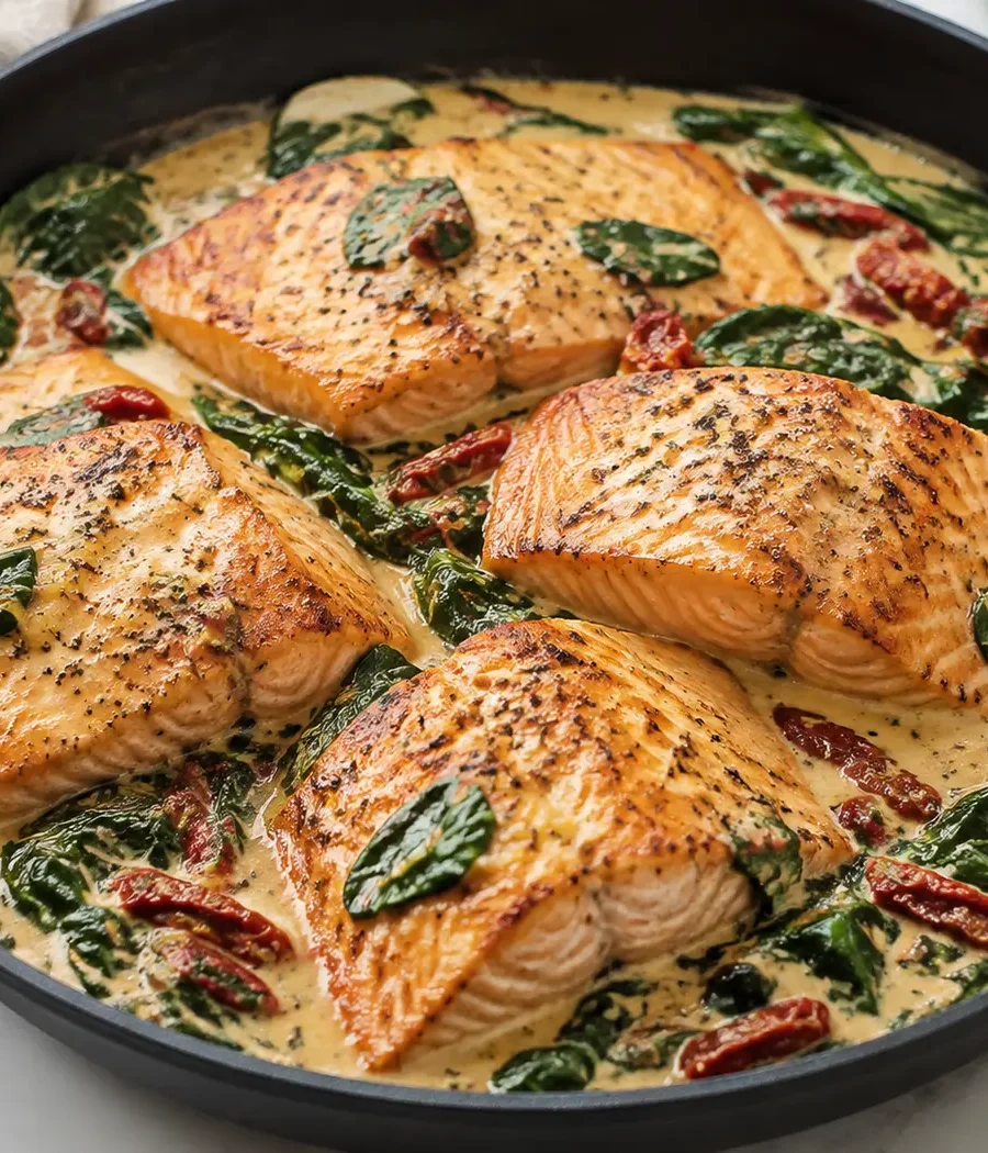 Cremiger toskanischer Lachs mit Spinat und getrockneten Tomaten