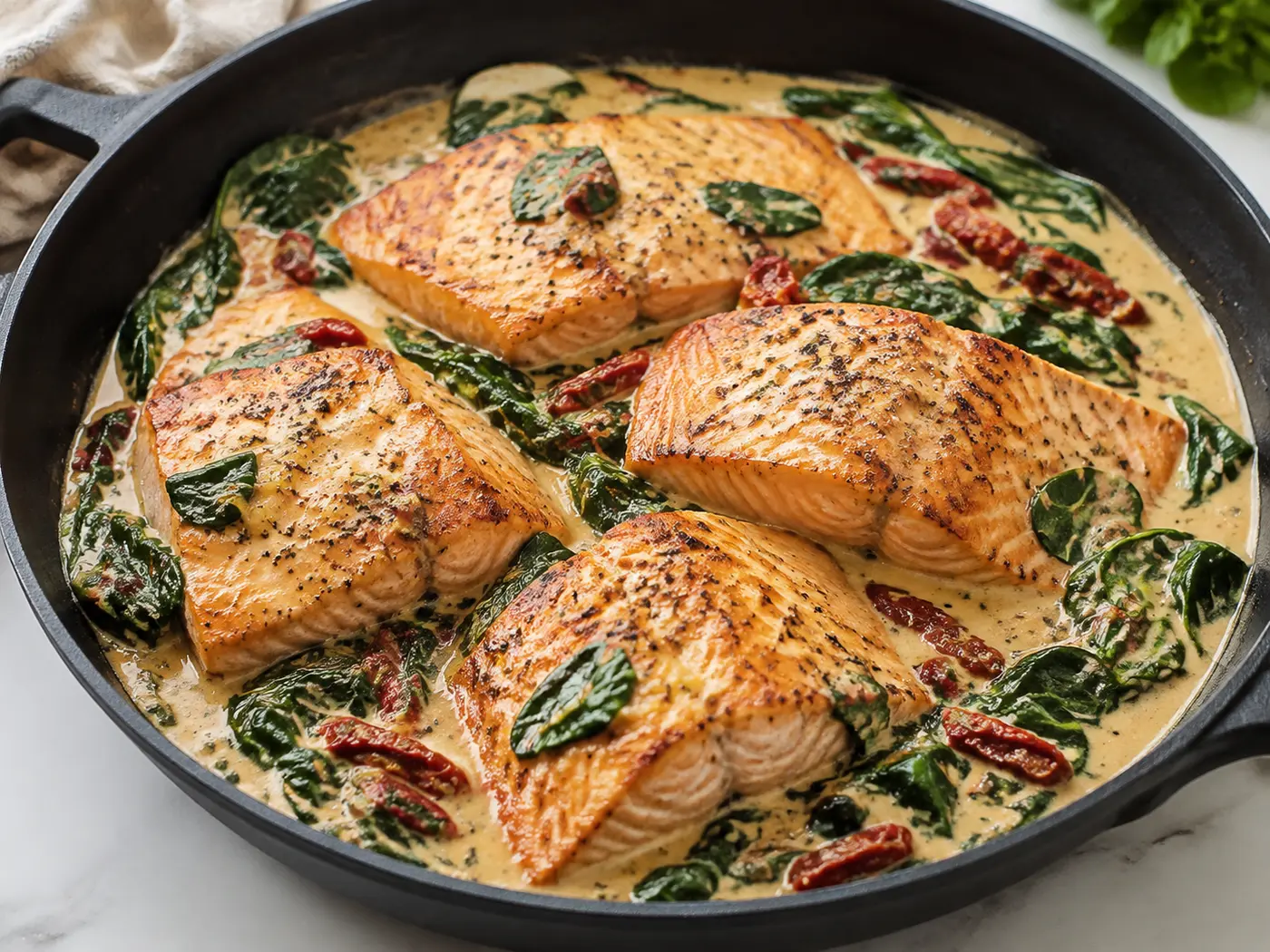 Cremiger toskanischer Lachs mit Spinat und getrockneten Tomaten