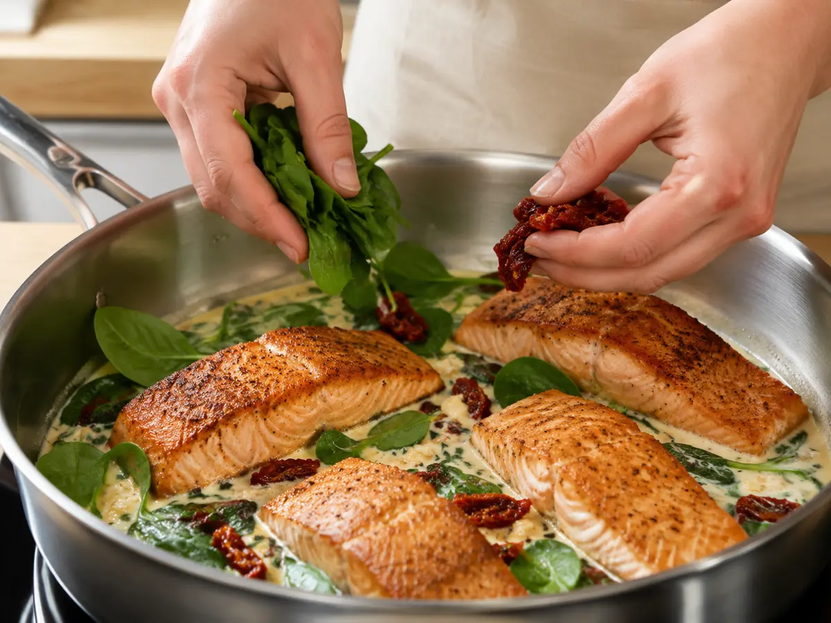 Toskanischer Lachs wird in cremiger Spinatsauce zubereitet