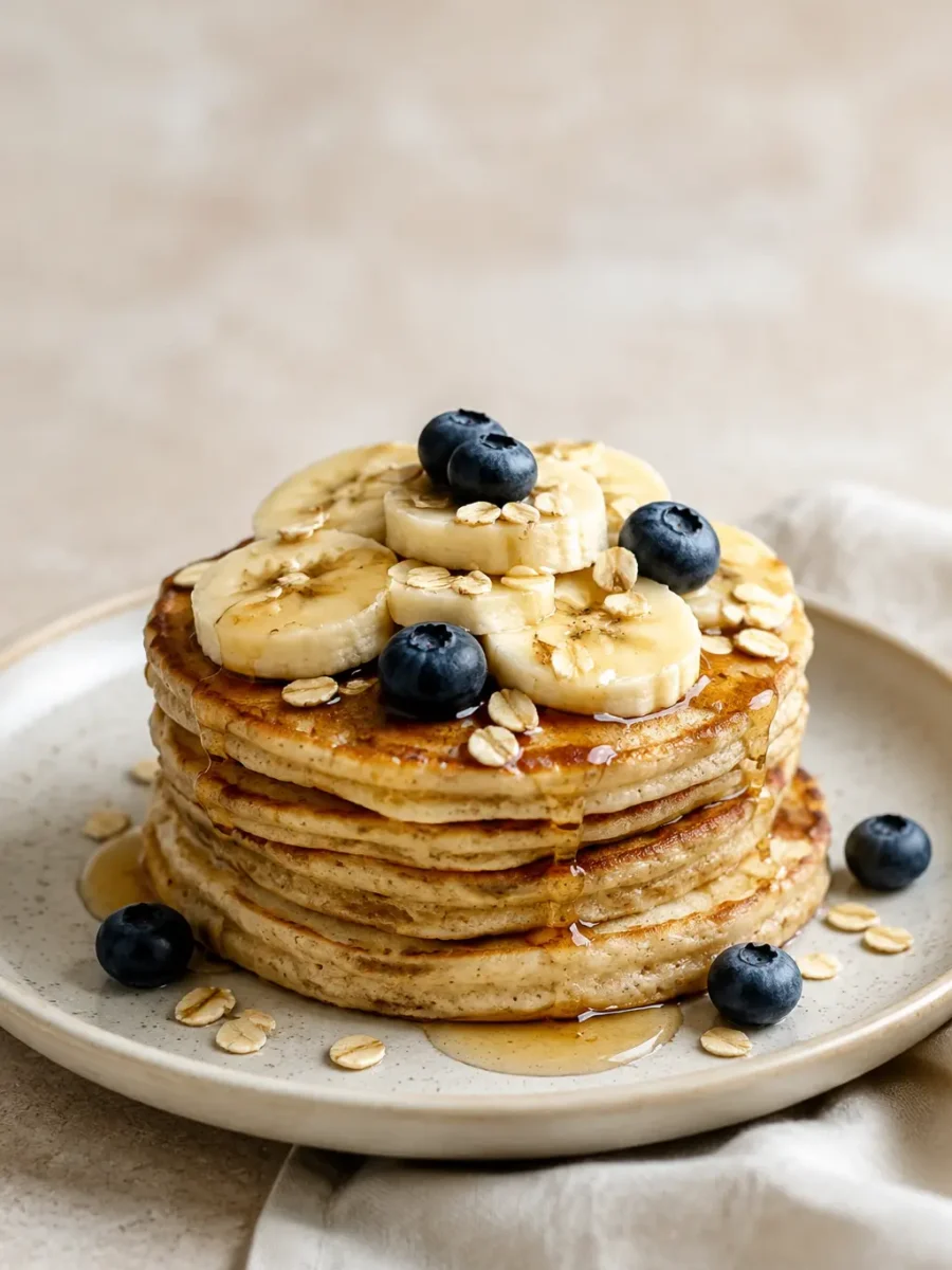 Vegane Bananen-Hafer-Pancakes mit Bananenscheiben und Blaubeeren