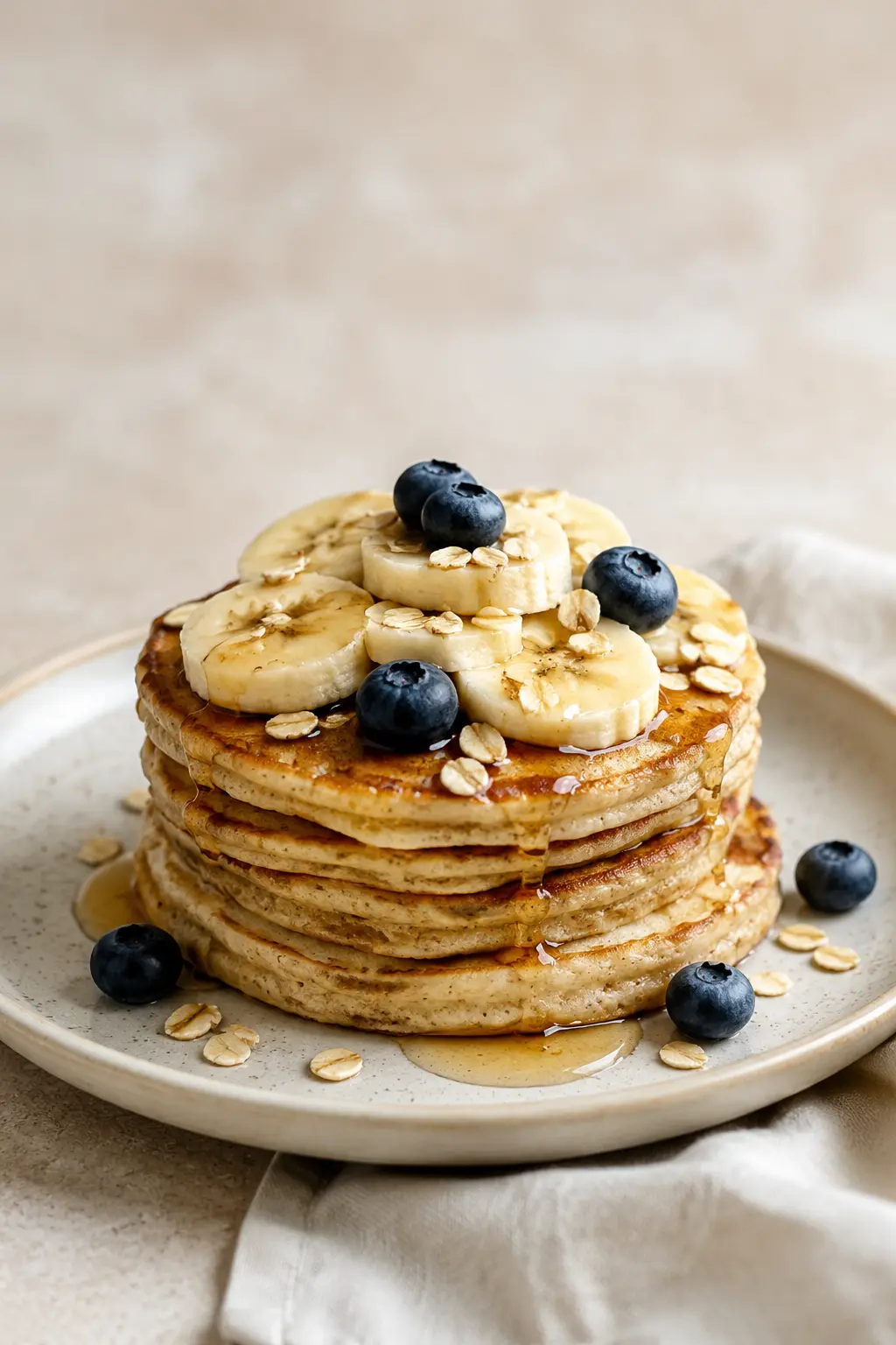 Vegane Bananen-Hafer-Pancakes mit Bananenscheiben und Blaubeeren