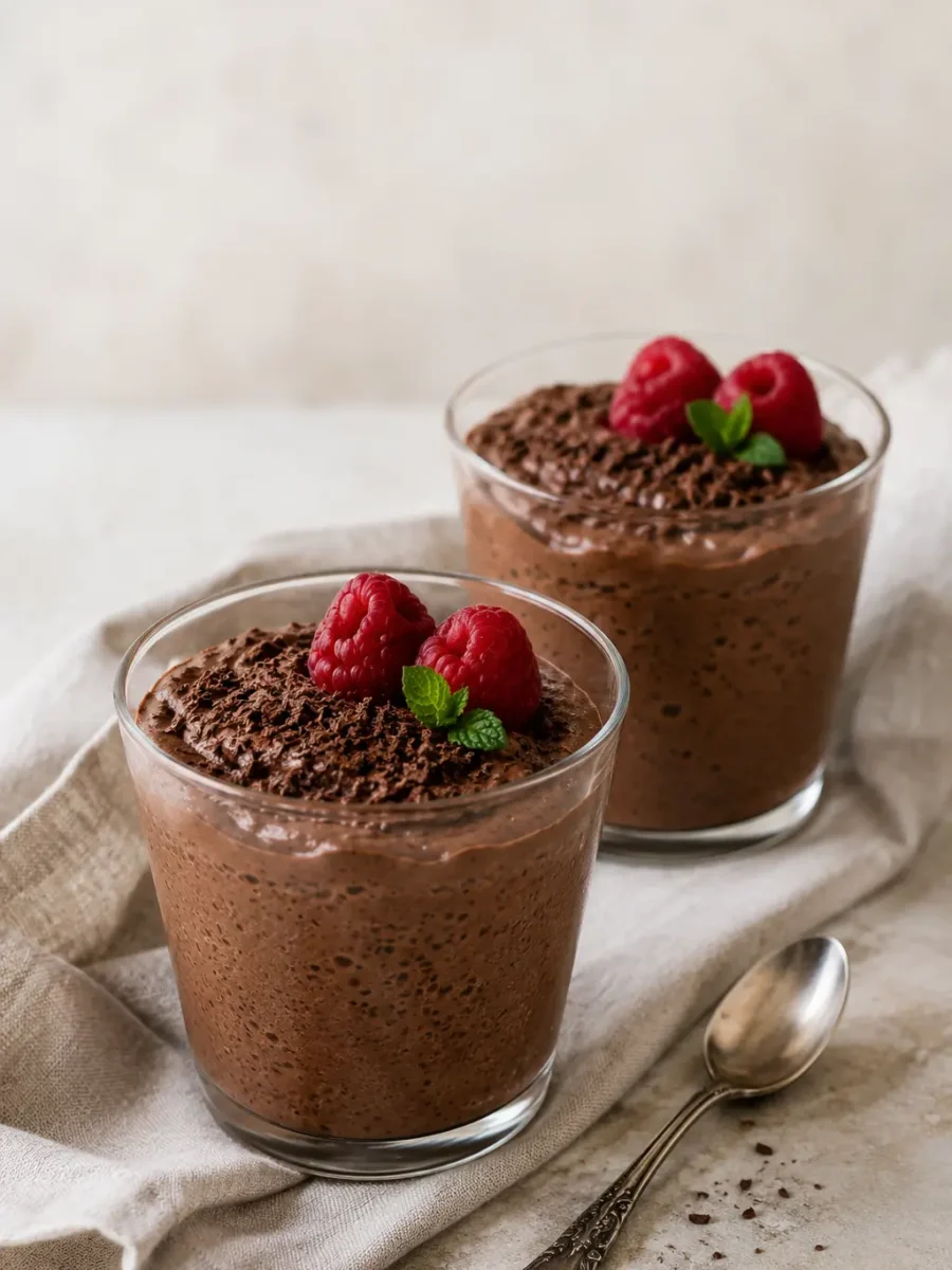 Veganes Schokoladenmousse aus Aquafaba mit Himbeeren