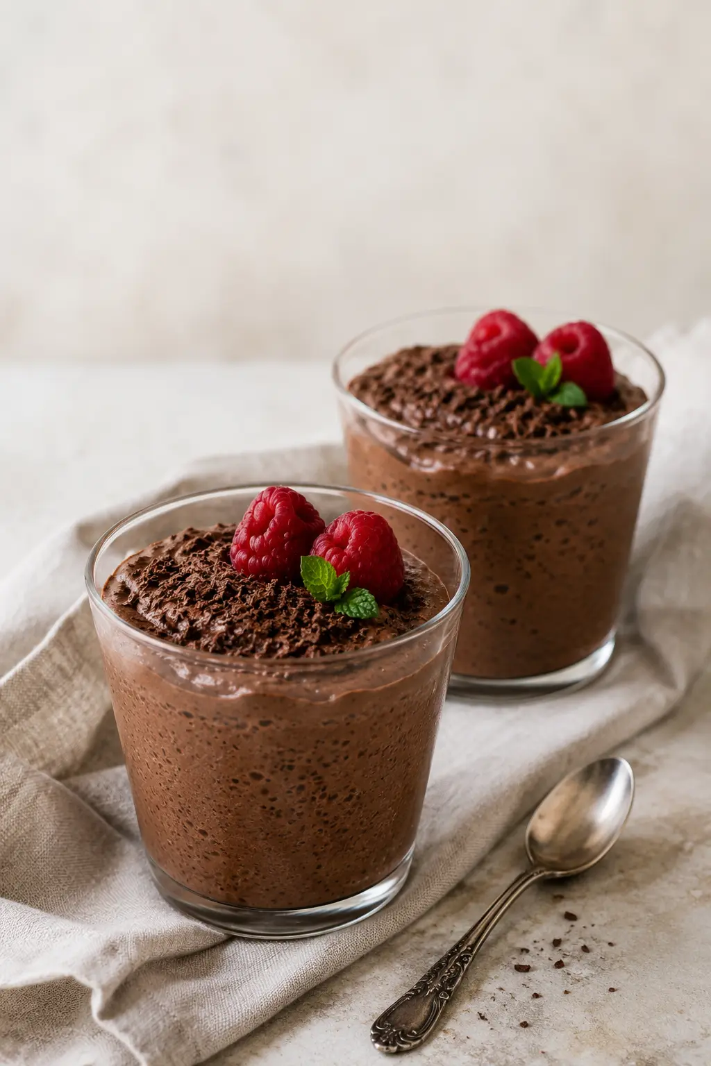 Veganes Schokoladenmousse aus Aquafaba mit Himbeeren