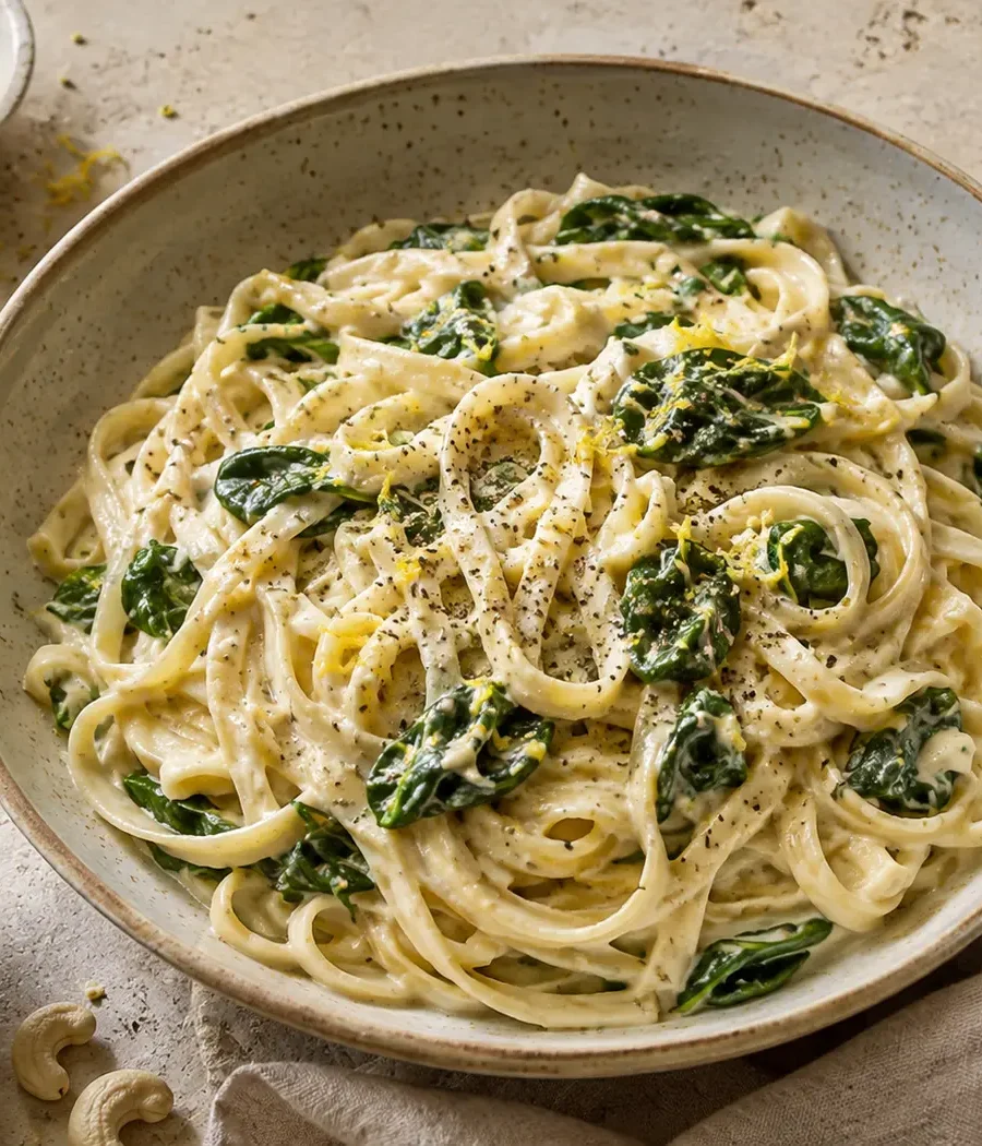 Cremige Zitronen-Knoblauch-Pasta mit Spinat
