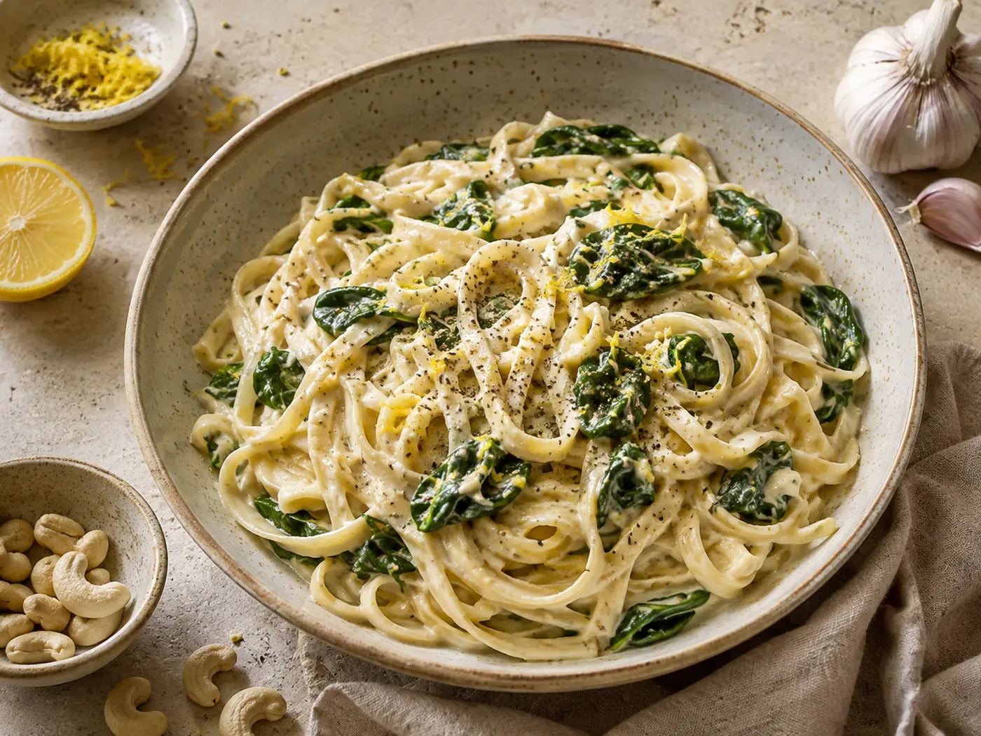 Cremige Zitronen-Knoblauch-Pasta mit Spinat