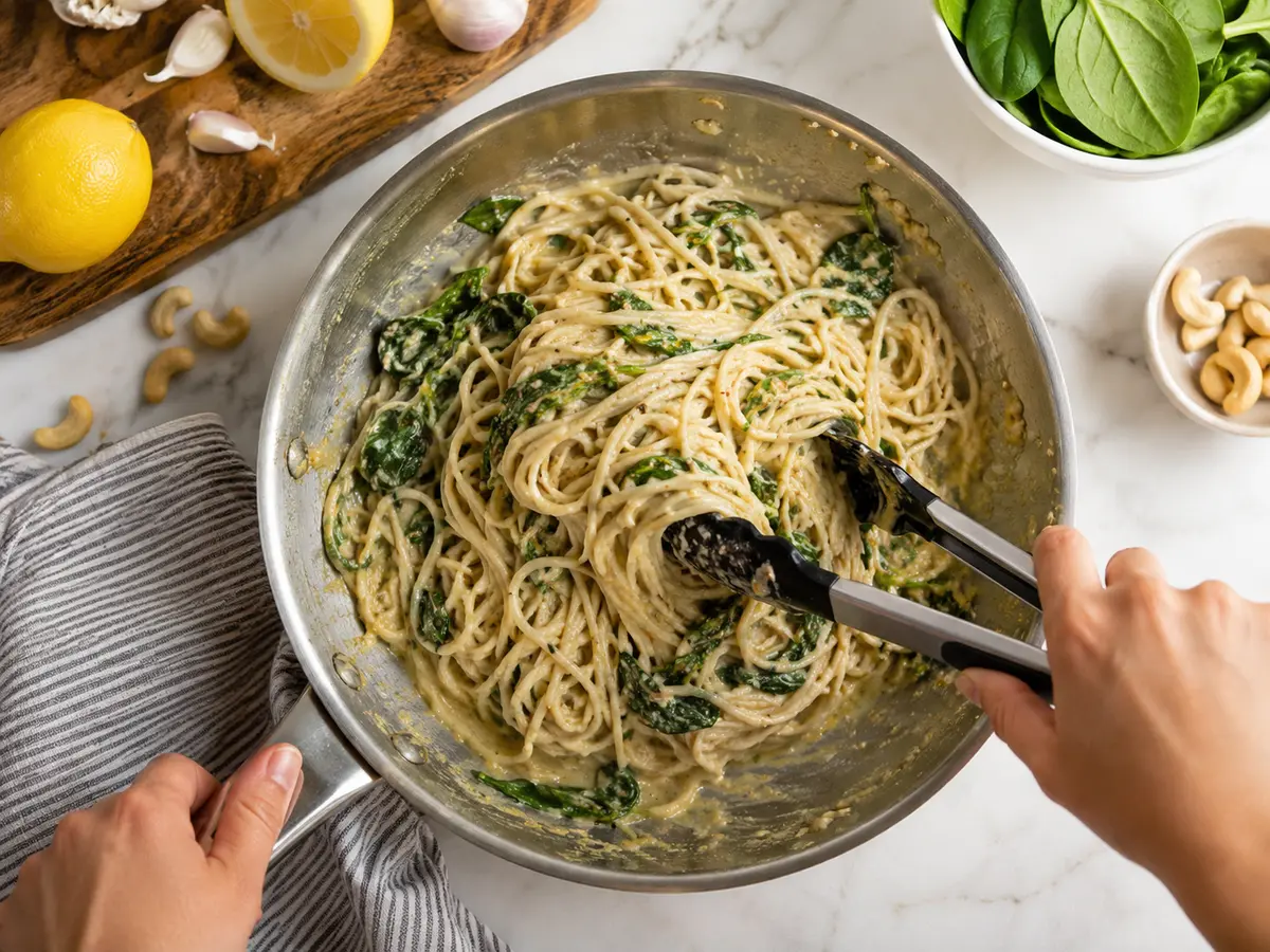 Pasta wird mit Zitronen-Knoblauch-Sauce und Spinat vermengt